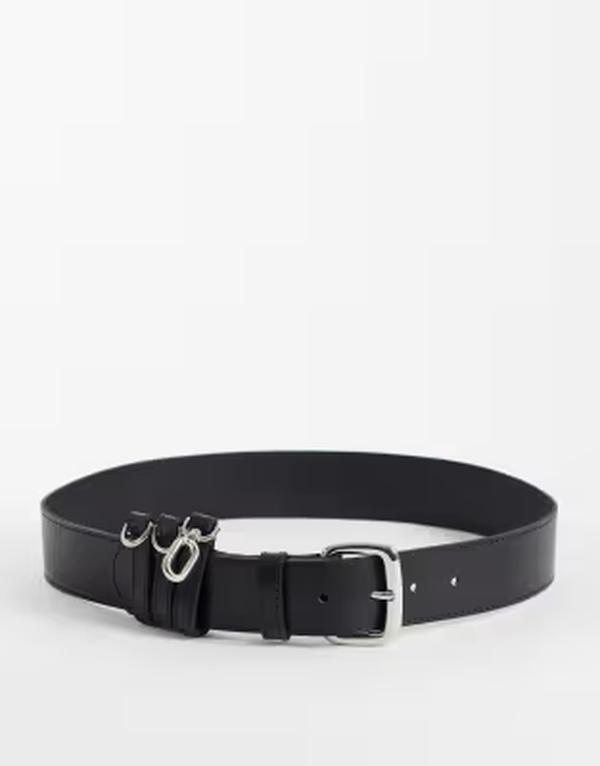 マンゴ レディース 添え物 三尺帯 なめし革 Mango 100% leather belt with buckle detail Black 黒いこと
