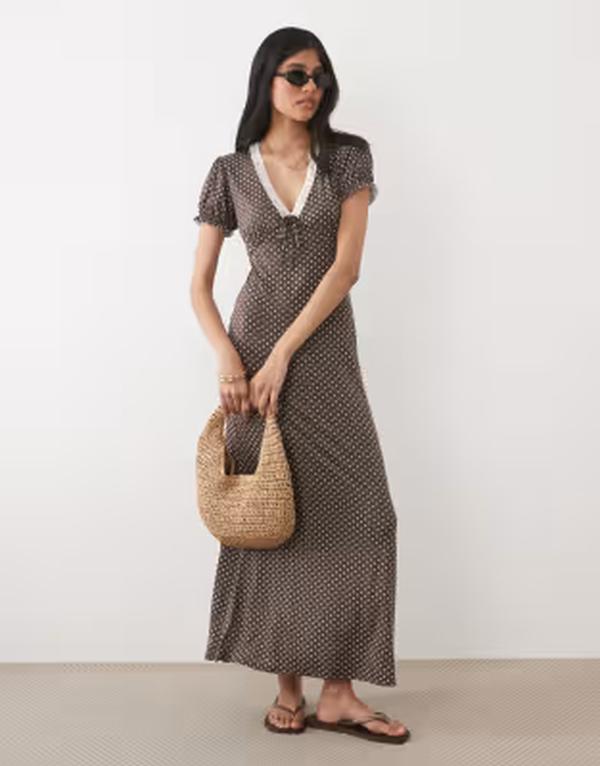 ミスセルフフリッジ レディース トップス ワンピース Vネック レーストリム ドット レース Misselfridge v-neck midaxi day dress with lace trim in polka dots Brown polka dot ブラウン|ReVida 店