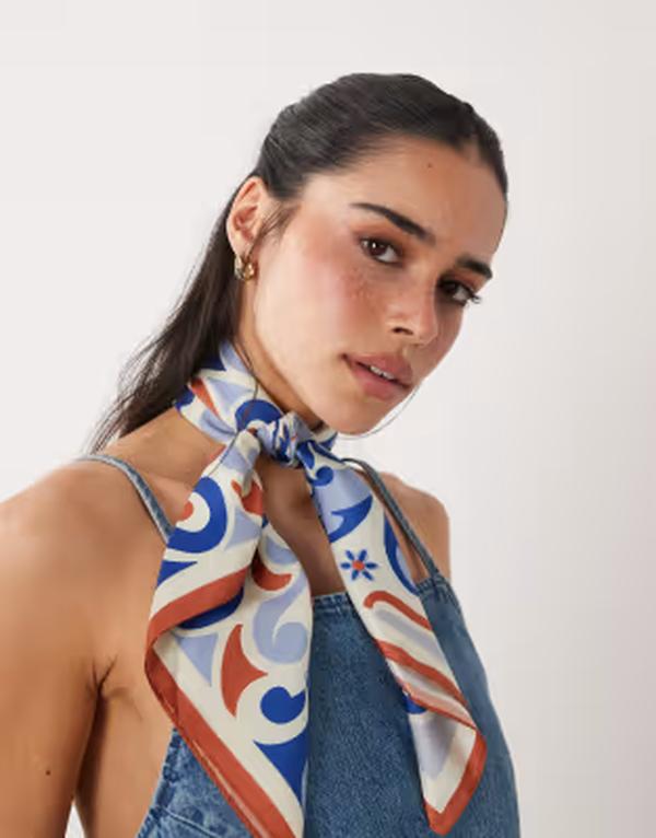 マンゴ レディース 付属物 えり巻き・袈裟・えり巻き 刷り上げる Mango neck scarf インチ tile print MID BLUE 青碧