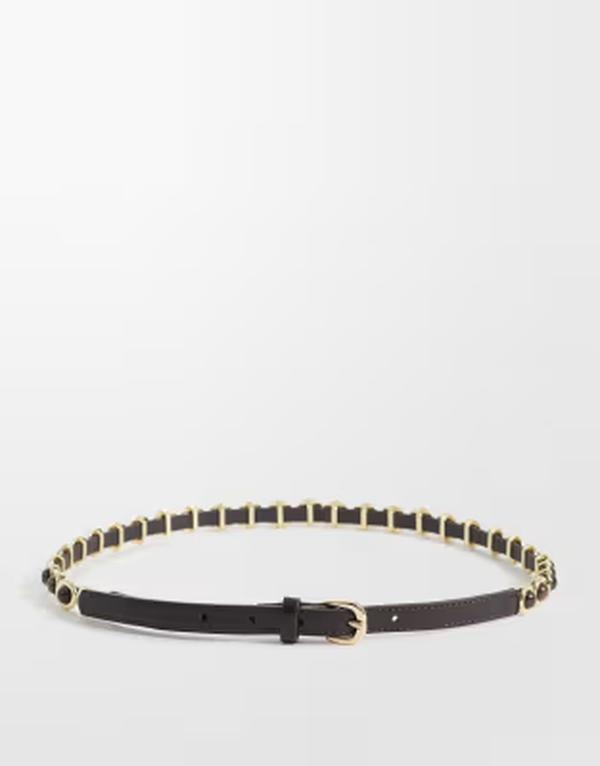 マンゴ レディース 付属物 三尺帯 なめし革 フェイクレザー Mango faux leather slim belt withardware detailing BROWN 赤銅色