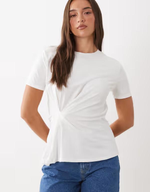 マンゴ レディース トップス ティーシャツ 綿織物 Mango 100% cotton tie waist-shirt WHITE 白いこと