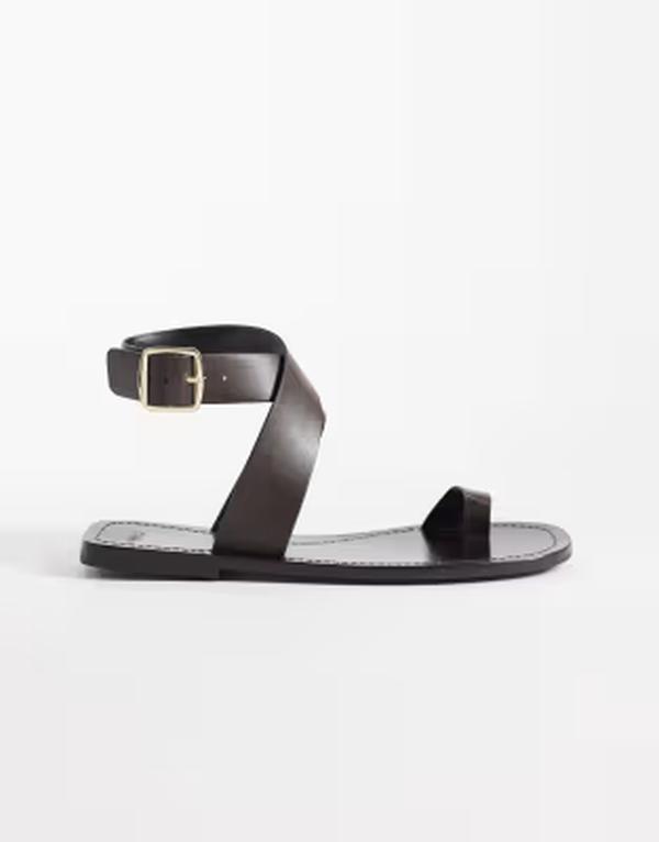 マンゴ レディース シューズ サンダル なめし革 Mango 100% leather flat sandals with toe detail インチ chocolate 黒茶