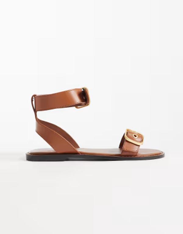 マンゴ レディース シューズ サンダル スエードクロス なめし革 Mango 100% suede leather buckle detail flat sandals BROWN 赤銅色