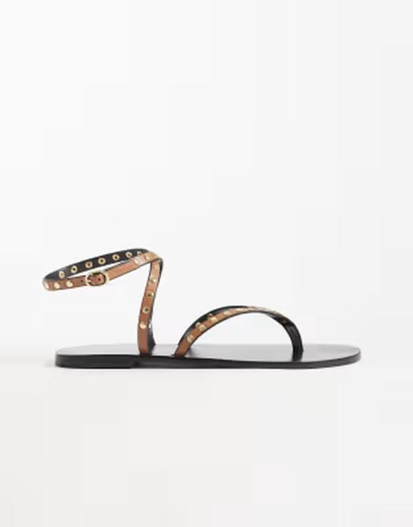マンゴ レディース シューズ サンダル Mango strappy flat sandals with studs BROWN 赤銅色