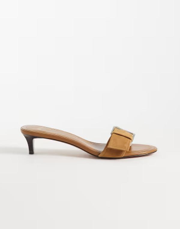 マンゴ レディース シューズ サンダル スエードクロス なめし革 踵 Mango 100% suede leather buckle detail kitten heeled mules インチ sand 沙子