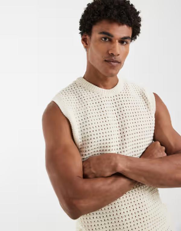 エイソス メンズ トップス より良い 編み物 ASOS DESIGN open knitted tank top インチ stone 石ころ