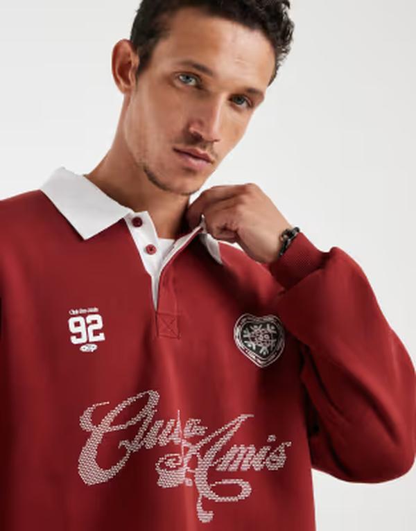 エイソス メンズ アウター パーカー・スウェット スポーツシャツ 刷り上げる ASOS DESIGN oversized rugby polo with print Rosewood バーガンディ