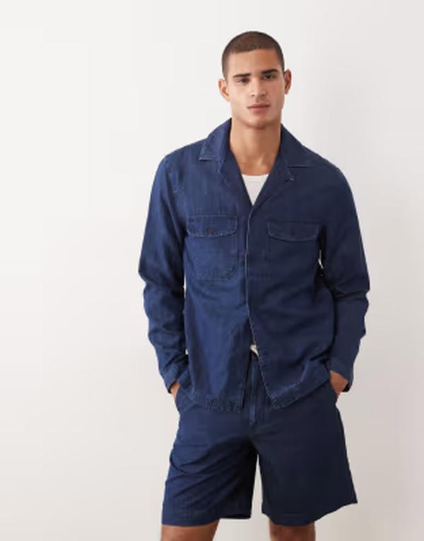 マンゴ メンズ トップス ティーシャツ ジーンズ リネン Mango 100% linen long sleeve denim look shirt MID BLUE 青碧