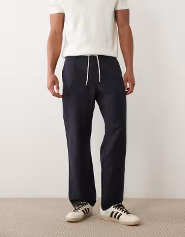 マンゴ メンズ ボトムス 心地よいズボン下 引っ切りない リネン Mango linen blend straight leg drawstring pants NAVY 米国海軍