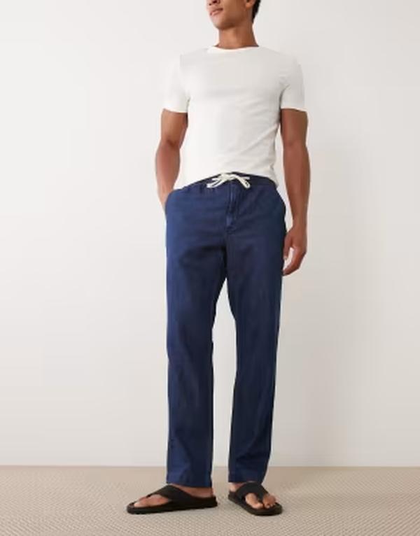 マンゴ メンズ ボトムス 心地よいズボン下 ジーンズ リネン Mango linen blendenim look draw string pants MID BLUE 青碧