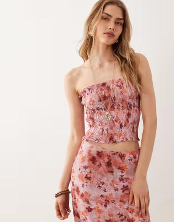 マンゴ レディース トップス ティーシャツ お花柄 お花 Mango Teen shirred off shoulder top floral - part of a set PINK サクラ色
