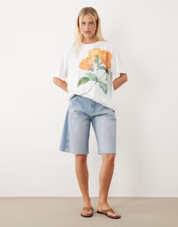 エイソス レディース トップス ティーシャツ 刷り上げる ティーシャツ ASOS DESIGN slub jersey oversized T-shirt with orange flower print WHITE 白いこと