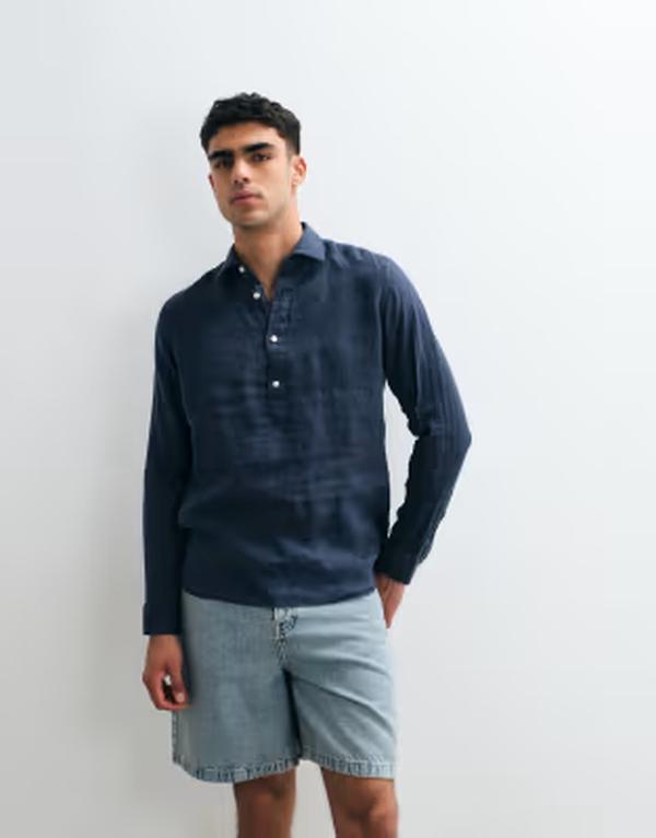 マンゴ メンズ トップス ティーシャツ リネン Mango 100% linen relaxed shirt インチ mid BLUE 青碧