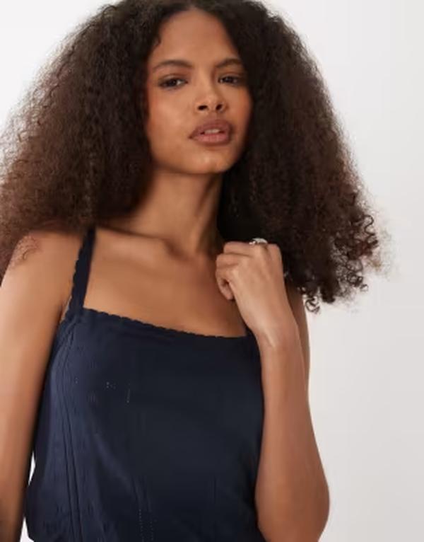 マンゴ レディース トップス プルオーバー Mango Teen pointelle cami top NAVY 米国海軍