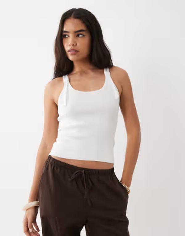 マンゴ レディース トップス より良い ティーシャツ ノースリーブ Mango Teen knot detail sleeveless top WHITE 白いこと