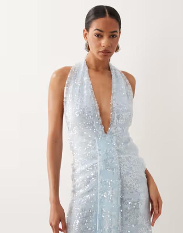 エイソス レディース トップス ワンピースパンコール マキシ ホルター ASOS DESIGN sequin plisse plunge halter maxi dress with scarf detail インチ baby blue 青碧
