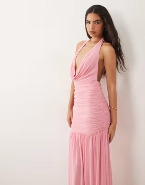 エイソス レディース トップス 衣装 ギャザー メッシュ マキシ ASOS DESIGN plunge cowl mesh maxi dress with ruchedrop waist detail PINK サクラ色