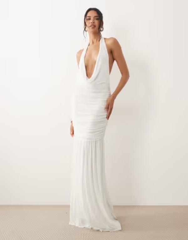 エイソス レディース トップス 衣装 ギャザー メッシュ マキシ ASOS DESIGN plunge cowl mesh maxi dress with ruchedrop waist detail IVORY 象牙色