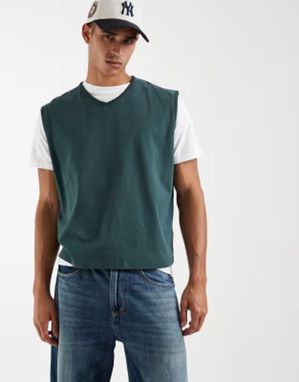 エイソス メンズ トップス より良い 対比 ASOS DESIGN heavyweight boxy oversized tank top with contrastitching インチ darkest spruce 緑であること