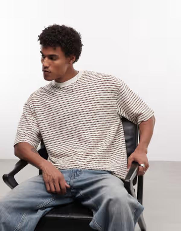 エイソス メンズ トップス プルオーバー ASOS DESIGN heavyweight boxy oversized T-shirt インチ striped brown textured fabric Brown Stripe 赤銅色