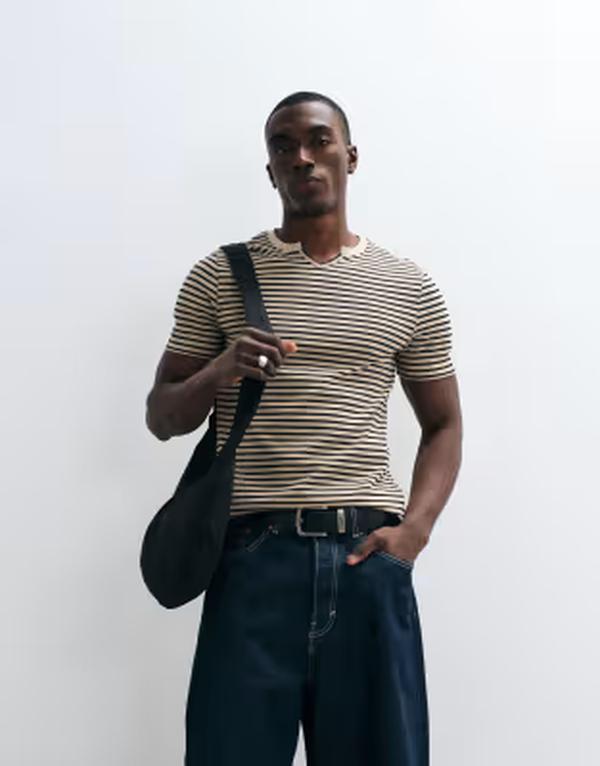 エイソス メンズ トップス ティーシャツ ASOS DESIGN heavyweight slim T-shirt striped textured fabric Brown Stripe 赤銅色