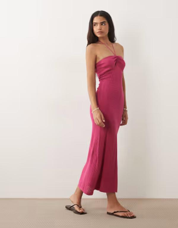 マンゴ レディース トップス ワンピース Tシャツ ニット マキシ ホルター Mango Teen knit halterneck maxi dress in bright PINK ピンク｜ReVida 店