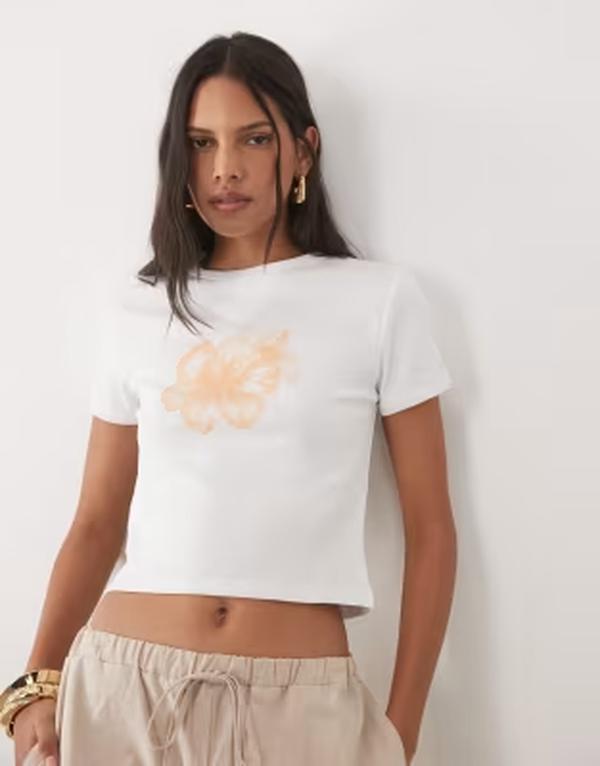 マンゴ レディース トップス ティーシャツ 刷り上げる 綿織物 Mango Teen 100% cotton baby tee with flower print WHITE 白いこと