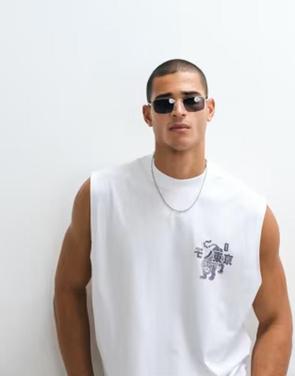 エイソス メンズ トップス より良い グラフィック ASOS DESIGN oversized tank with tiger graphic WHITE 白いこと