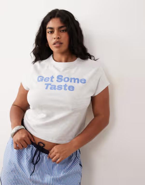 エイソス レディース トップス ティーシャツ 対比 ASOS Curve ASOS DESIGN Curve baby tee with contrast get some taste slogan インチ ice heather Ice Marl マール