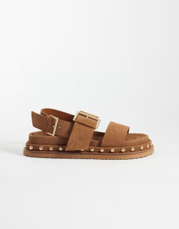 エイソス レディース シューズ サンダル スエード ASOS DESIGN Fraction premium studded footbed sandals in tan suede Tan Suede タン｜ReVida 店