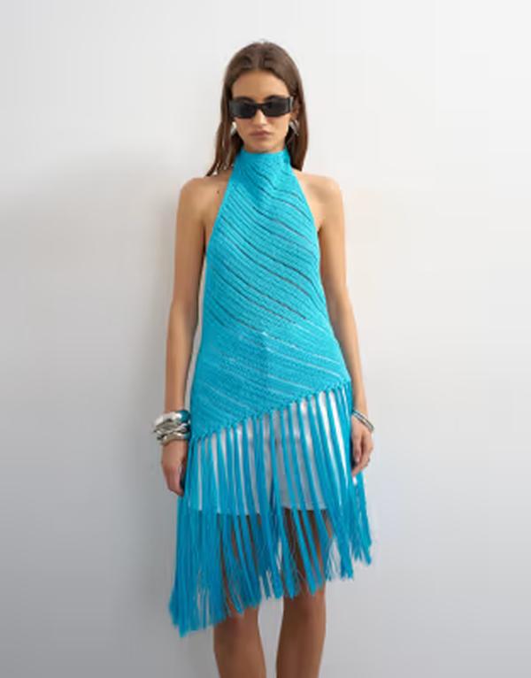 トップショップ レディース トップス ベスト ニット ホルター Topshop knit halterneck longline fringing tunic BLUE ブルー｜ReVida 店 16,786円