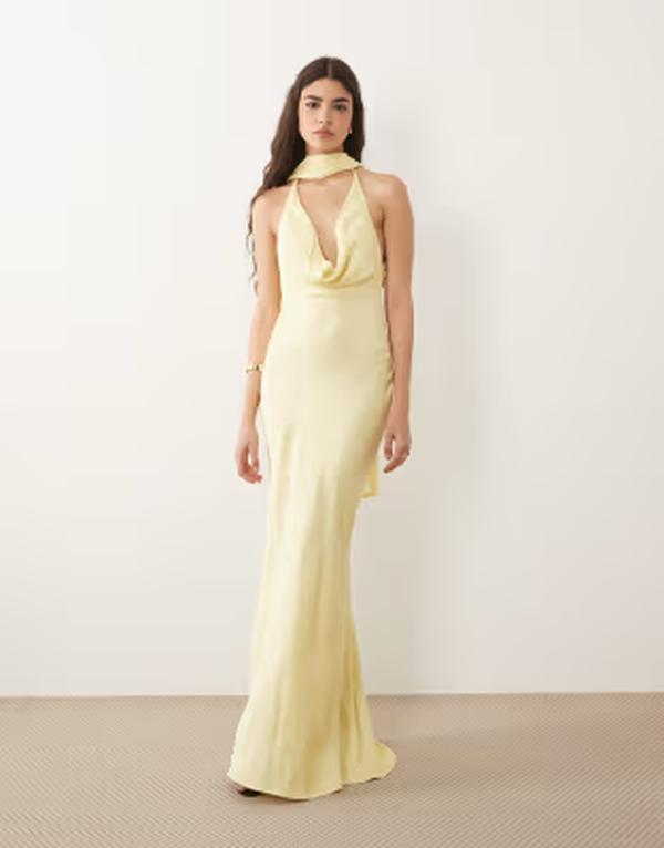 エイソス レディース トップス ワンピース サテン マキシ ASOS DESIGN satin cowl neck scarf maxi dress in buttermilk｜ReVida 店
