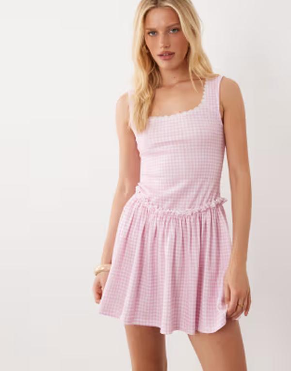 ミスセルフフリッジ レディース トップス ワンピース ギンガムチェック ミニ ギンガム Misselfridge square neck mini dress gingham Pink Gingham ピンク｜ReVida 店 13,121円