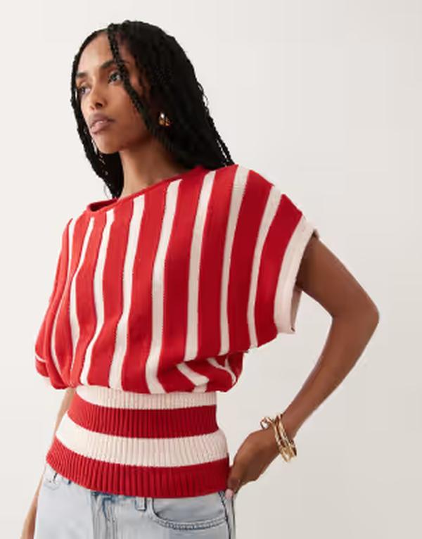 エイソス レディース トップス Tシャツ ニット ASOS DESIGN knit cinched top stripe Red stripe レッド｜ReVida 店
