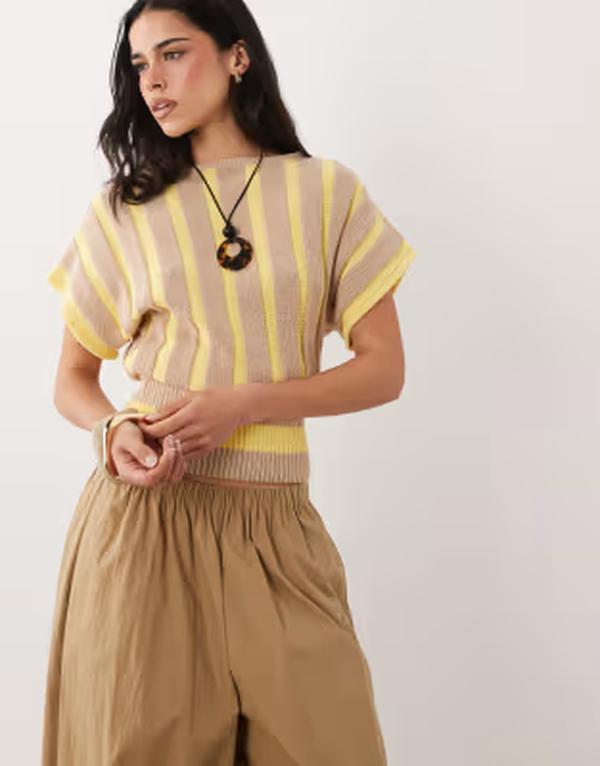 エイソス レディース トップス Tシャツ ニット ASOS DESIGN knitted cinched top stripe Brown Stripe ブラウン｜ReVida 店