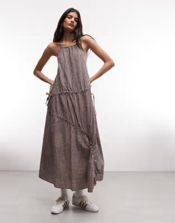 コルージョン レディース トップス ワンピース ハイネック ギンガムチェック ミディ ギンガム COLLUSION high neck channel detailing midi dress gingham PINK ピンク｜ReVida 店