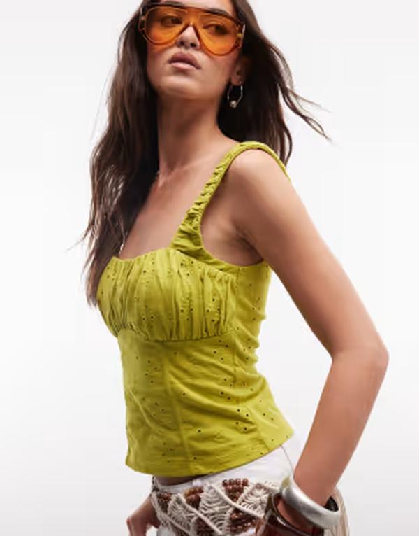 エイソス レディース トップス シャツ ASOS DESIGN broderie milkmaid top with gathe red bust Green グリーン｜ReVida 店