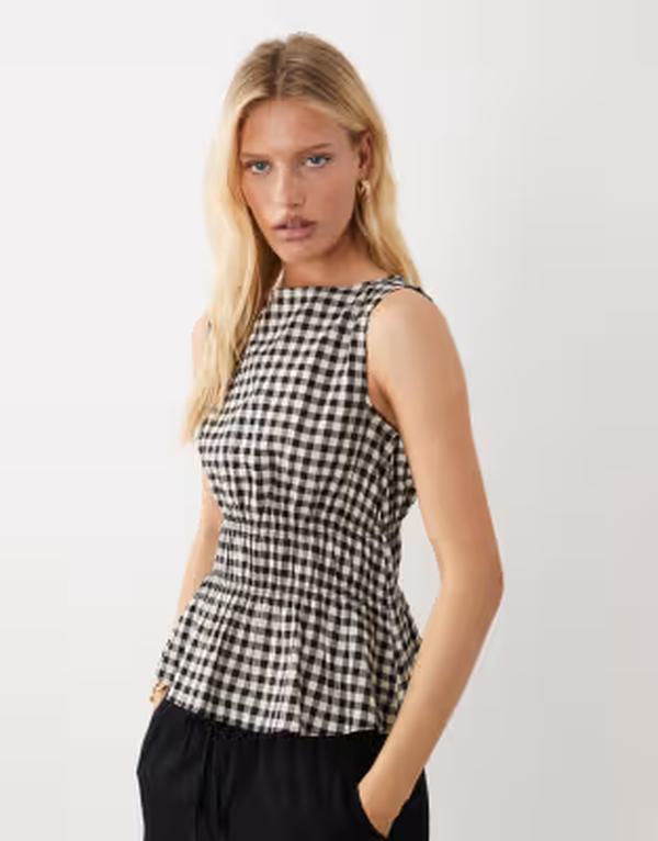 アルケット レディース トップス Tシャツ ギンガムチェック プリント コットン ギンガム ARKET cotton rich shir red bodice top and white gingham print Black dark ブラック|ReVida 店