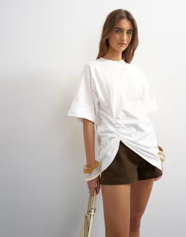 トップショップ レディース トップス Tシャツ ギャザー Topshop ruched side tee in ecru エクリュ｜ReVida 店