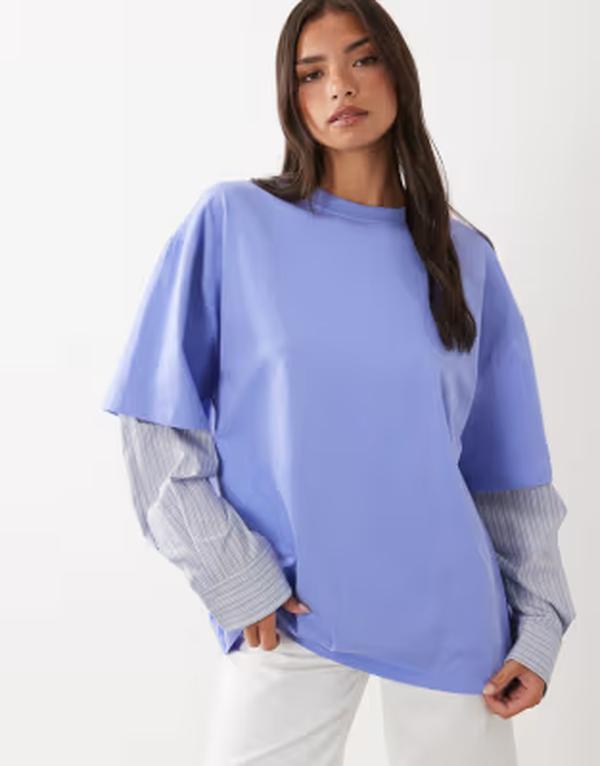 ライオネス レディース トップス Tシャツ プリント オーバーレイ Lioness 2 in 1 oversized T-shirt overlay and long sleeve shirt in light blue striped print Sky blue ブルー｜ReVida 店