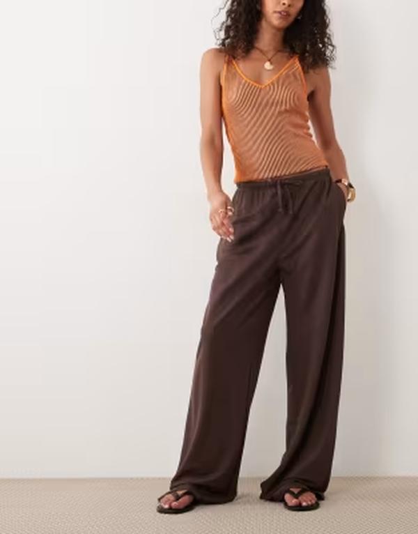 ジェイディーワイ レディース ボトムス 心地好いズボン下 ワイドレッグ JDY wide leg pants インチ chocolate Brown 赤銅色
