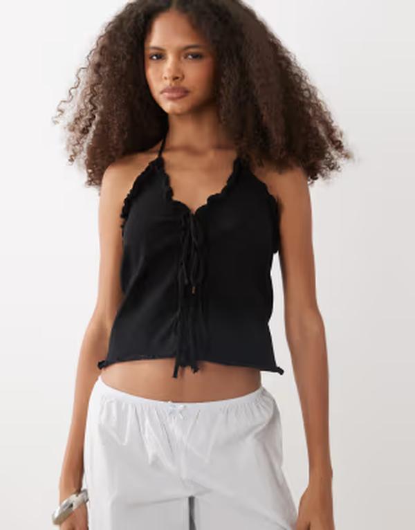 マンゴ レディース トップス ベスト Tシャツ ノースリーブ ニット Mango Teen knitted tie front sleeveless top Black ブラック|ReVida 店