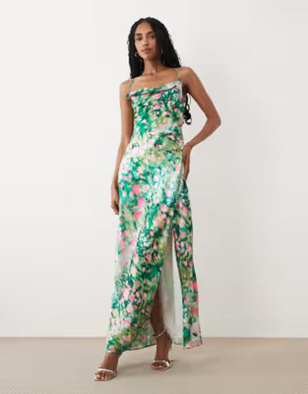 ホープ&アイビー レディース トップス ワンピース フラワー柄 サテン マキシ フラワー Hope & Ivy satin cami cowl neck open tie back maxi dress floral Green floral グリーン|ReVida 店