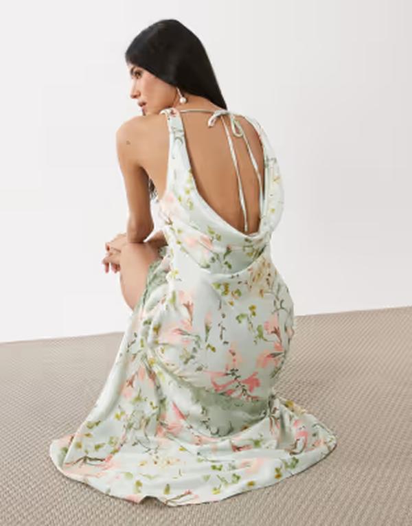 ホープ&アイビー レディース トップス ワンピース レーストリム フラワー柄 ミディ サテン レース フラワー Hope & Ivy cowl neck lace trim satin midi dress in sage green floral Green floral グリーン|ReVida 店