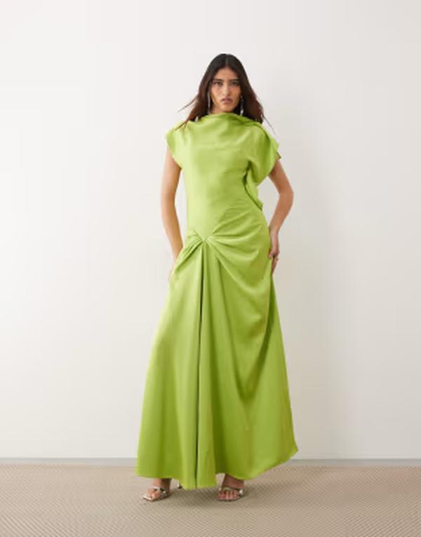 アレンジ レディース トップス ワンピース ドレープ マキシ ARRANGE split shoulder draped maxi dress in lime GREEN ライム｜ReVida 店