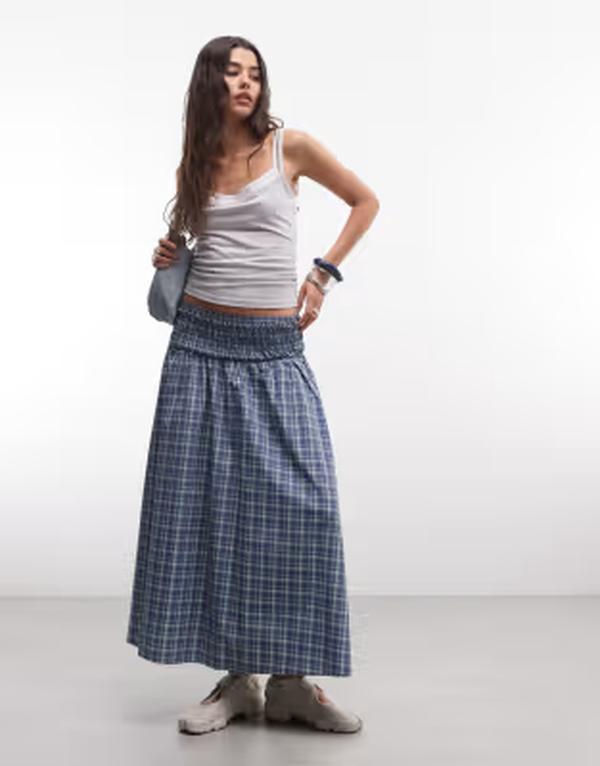 コルージョン レディース ボトムスカート マキシ COLLUSION channeled waistband maxi skirt plaid BLUE ブルー｜ReVida 店