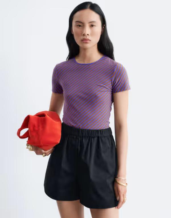 アンドアザーストーリーズ レディース トップス Tシャツ プリント キャップ & Other Stories relaxed T-shirt with cap sleeve in lilac striped print LILAC ライラック｜ReVida 店
