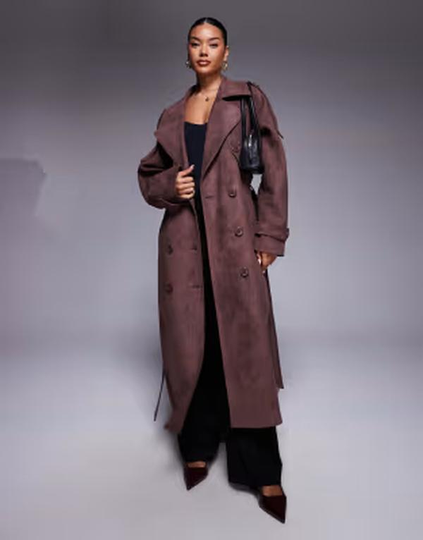 アリアコーブ レディース アウター コート スエード マキシ Aria Cove faux suede belted maxi trench coat in chocolate チョコレート｜ReVida 店