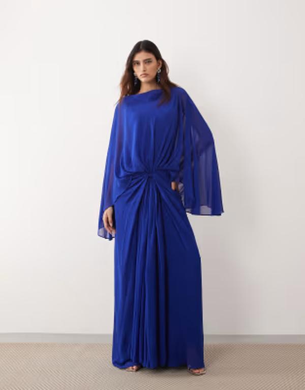 アレンジ レディース トップス ワンピース ケープデザイン ドレープ キャップ ケープ マキシ ARRANGE drop waist grecian draped cape sleeve maxi dress in cobalt blue ブルー｜ReVida 店 47,880円