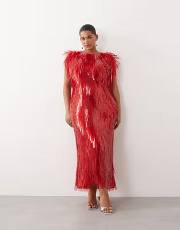 アレンジ レディース トップス ワンピースパンコール マキシ ARRANGE Curve all over shard sequin strong shoulder maxi dress RED レッド｜ReVida 店